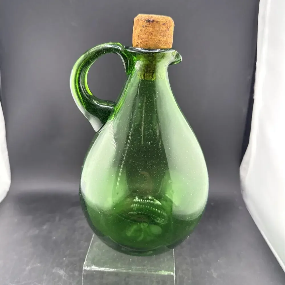 MCM Emerald Green Glass Wine Decanter Carafe with Handle Hand Blown Rough Pontil